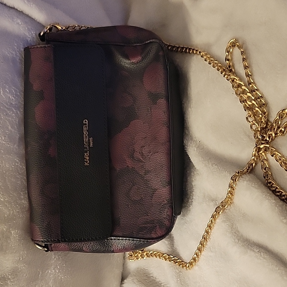 Karl Lagerfeld Black and Plum Floral Crossbody Bag